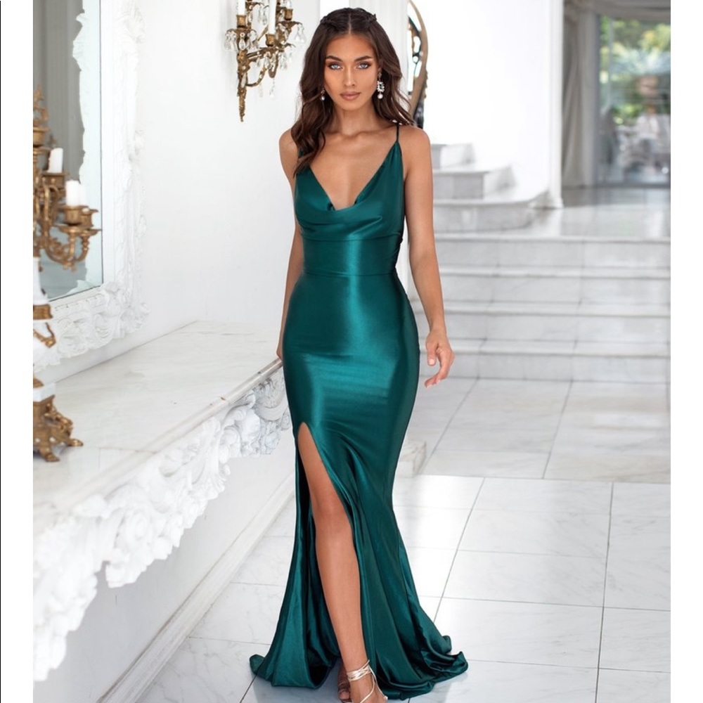 Forest Green Cross Back Slit Gown
